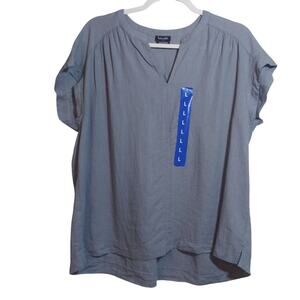 Splendid Blue Linen Blend Short Sleeve Casual Blue Blouse Top Vacation Size L